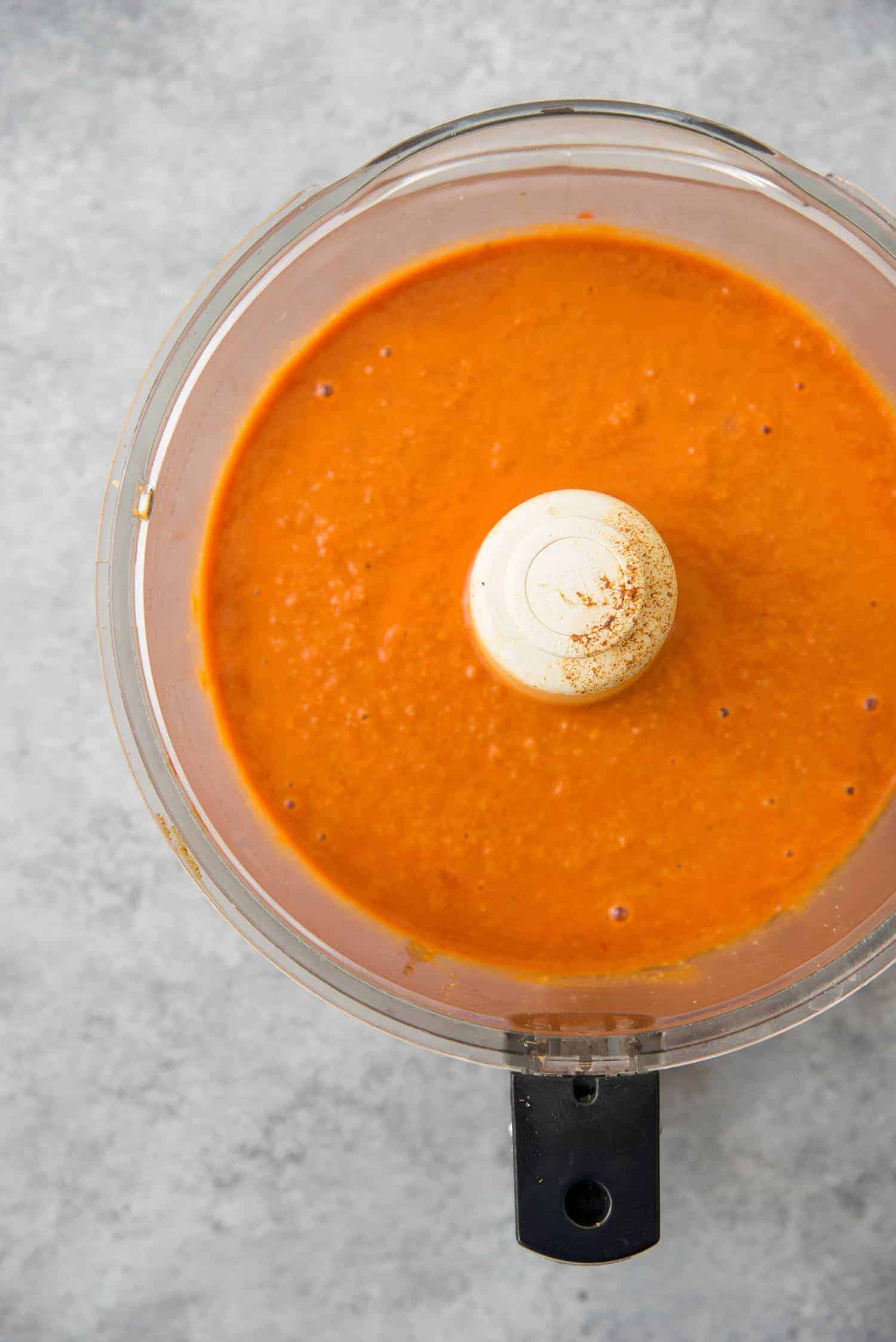 Romesco Sauce Being Made In A Food Processor 