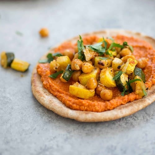 Roasted Vegetable Pitas With Romesco Sauce! Everyone Loves These Healthy, Vegan Sandwiches. Homemade Romesco Sauce With Roasted Vegetables And Chickpeas. | Www.delishknowledge.com