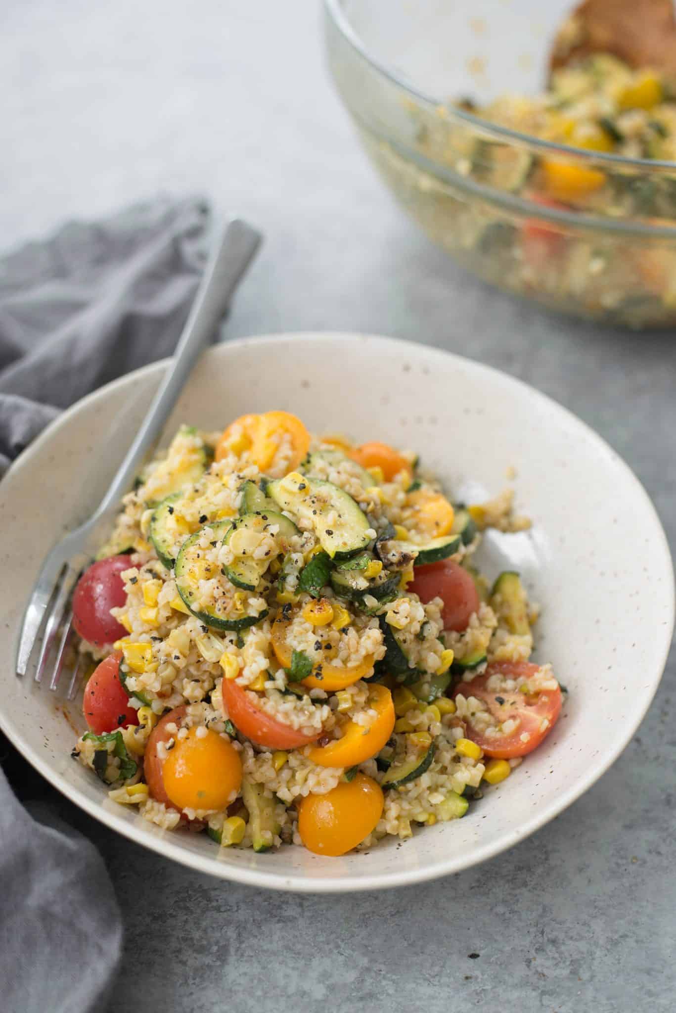 Roasted Zucchini, Corn And Bulgur Salad With Lemon Dressing. This Healthy Side Dish Is Perfect For Summer, Potlucks And Cookouts. Vegan | Delishknowledge.com