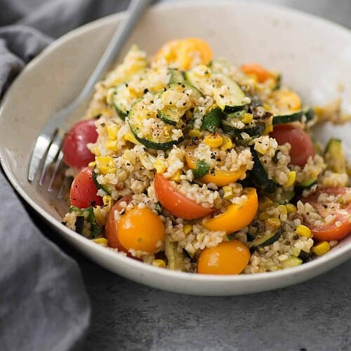 Roasted Zucchini, Corn and Bulgur Salad 7 Roasted Zucchini, Corn And Bulgur Salad With Lemon Dressing. This Healthy Side Dish Is Perfect For Summer, Potlucks And Cookouts. Vegan | Delishknowledge.com