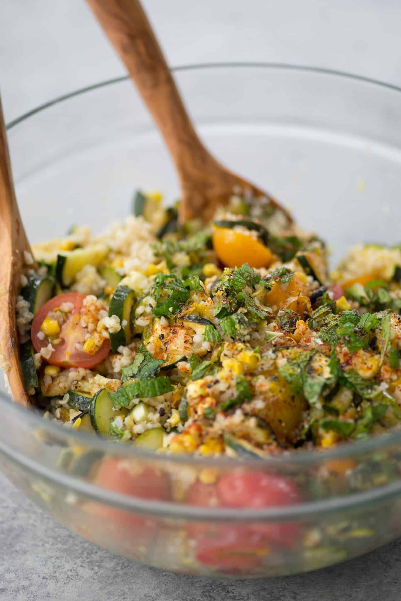 Roasted Zucchini, Corn And Bulgur Salad With Lemon Dressing. This Healthy Side Dish Is Perfect For Summer, Potlucks And Cookouts. Vegan | Delishknowledge.com