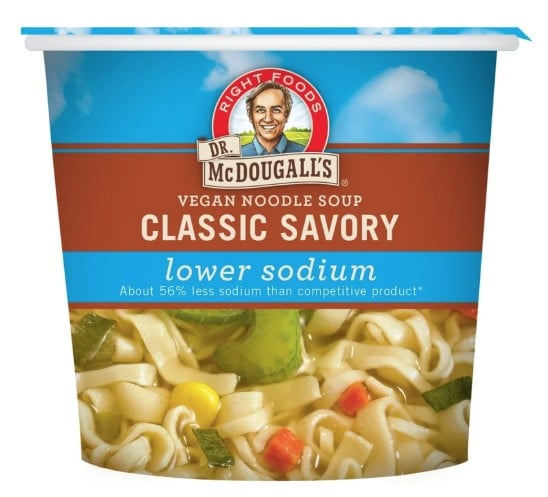 The 10 Healthiest Canned Soups 12 A Cup Of Dr. Mcdougall’s Classic Savory Vegan Noodle Soup, Lower Sodium Variety—One Of The Healthiest Canned Soups, Shown With An Image And A Label Indicating About 56% Less Sodium Than Competitors.