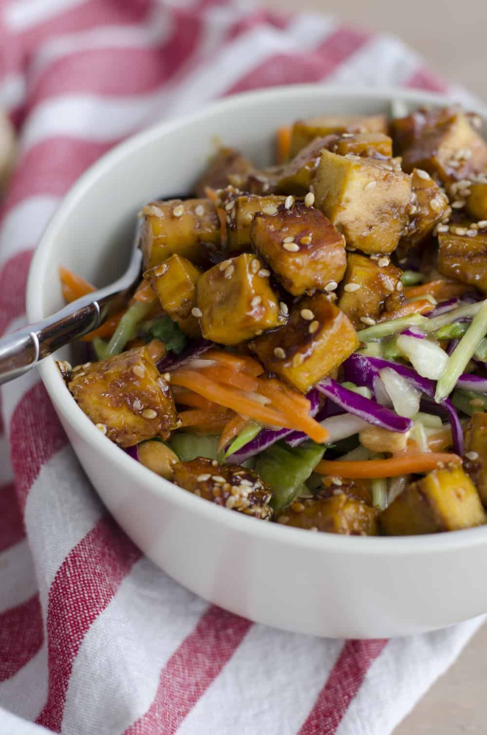 Sesame Ginger Chopped Salad! Crispy Sesame-Ginger Tofu With Eat Smarts Ginger Bok Choy Salad Greens! An Easy Way To Enjoy A Restaurant Quality Salad At Home. Vegan And Vegetarian | Www.delishknowledge.com