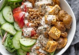 high protein plant-based dinner with farro and tofu