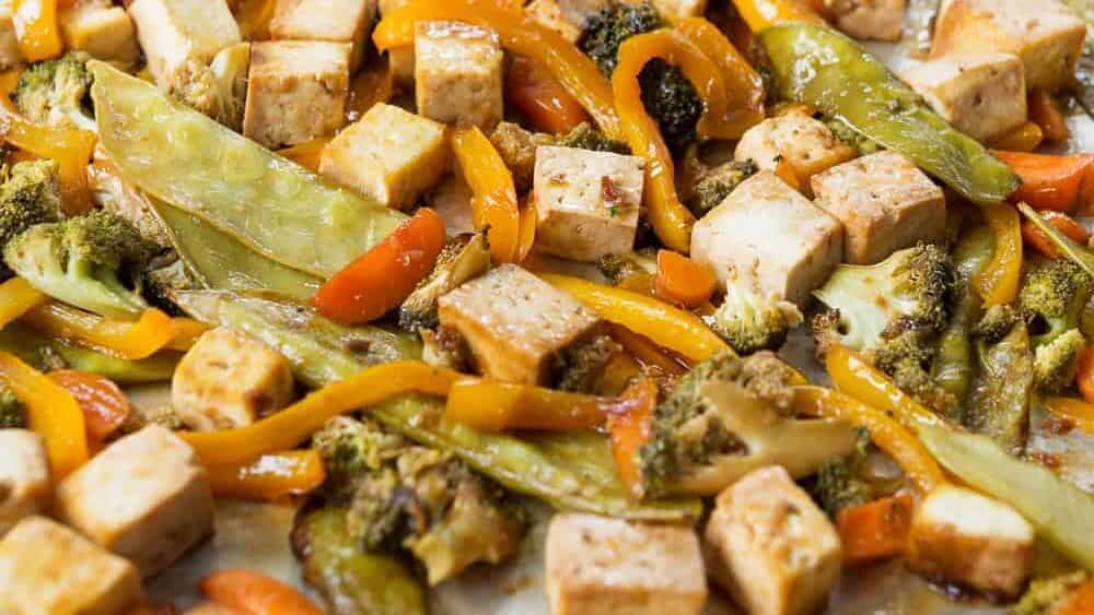 vegan sheet pan stir fry with tofu and vegetables