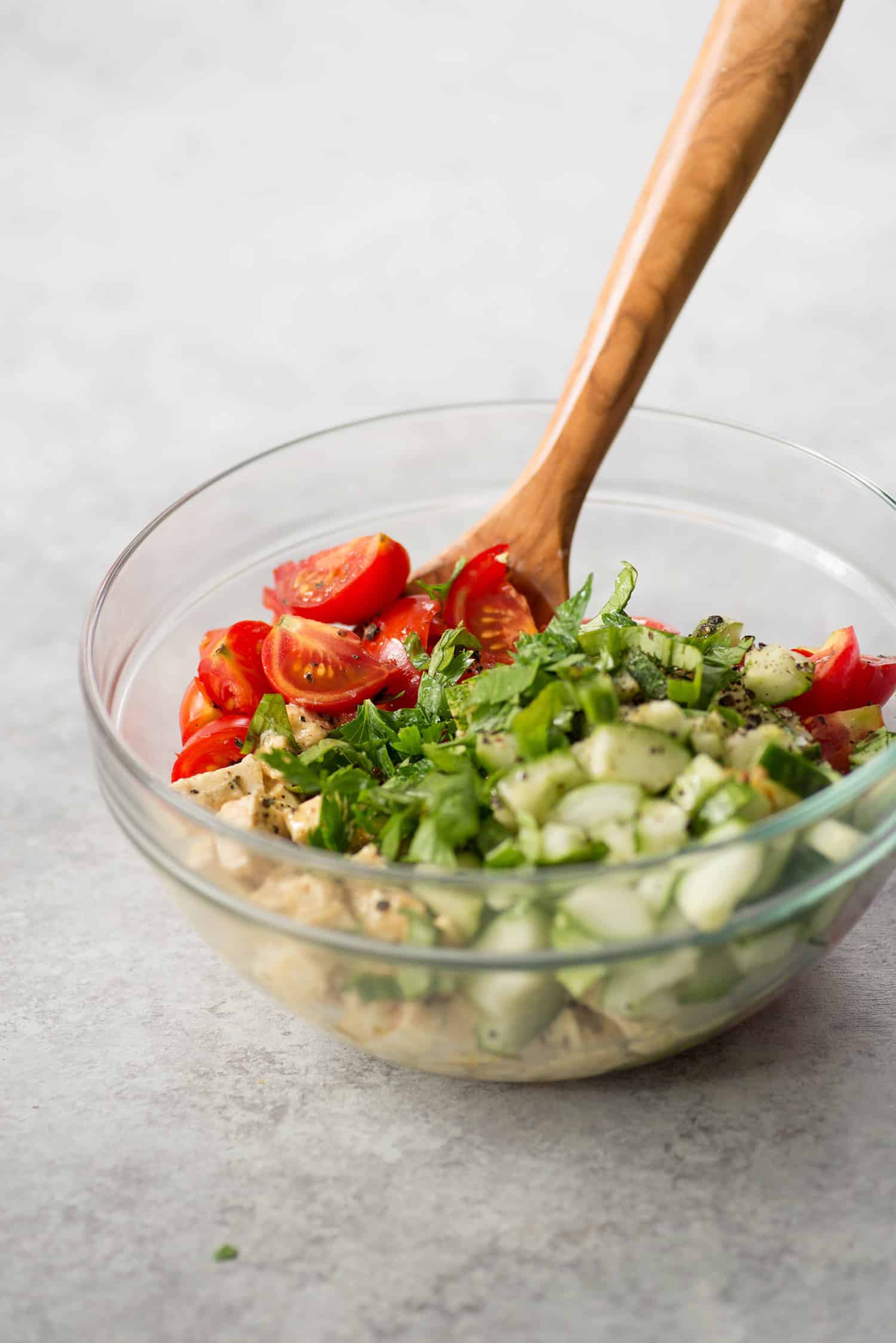 Simple Tomato And Tofu Feta Salad With Wooden Spoon