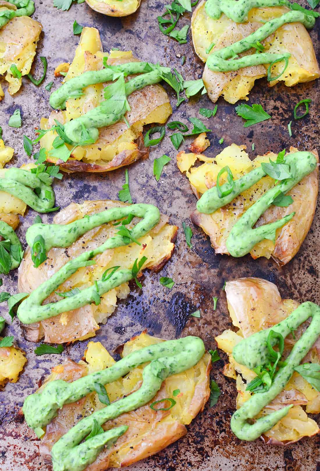 Crispy Smashed Potatoes With Creamy Chimichurri Sauce! You'Ll Want To Bring This To Your Next Cookout Or Potluck! Vegan And Gluten-Free | Www.delishknowledge.com