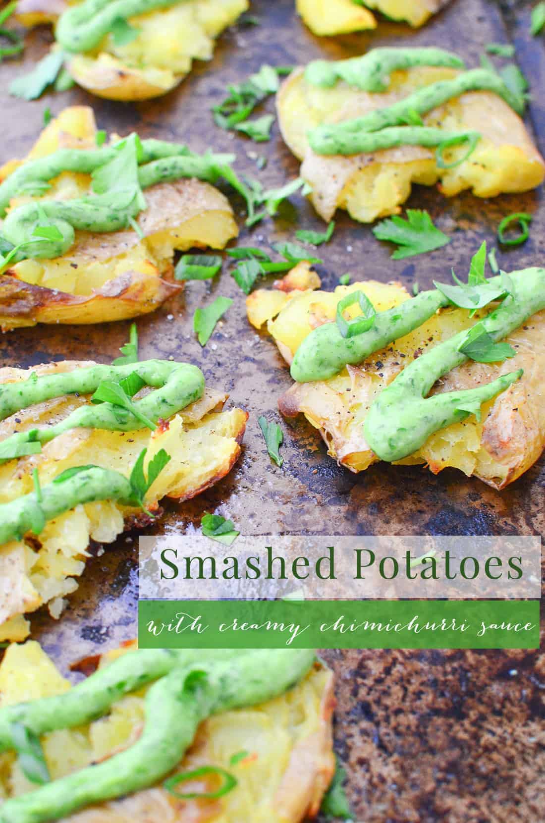 Crispy Smashed Potatoes With Creamy Chimichurri Sauce! You'Ll Want To Bring This To Your Next Cookout Or Potluck! Vegan And Gluten-Free | Www.delishknowledge.com