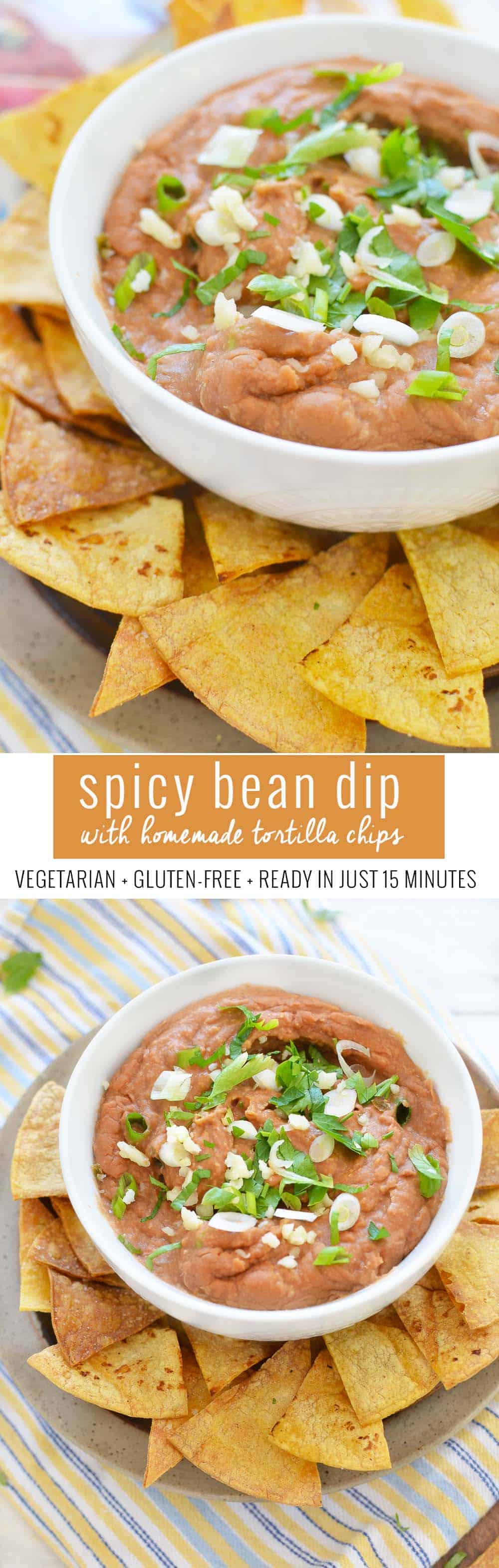 15 Minute Spicy Bean Dip With Homemade Tortilla Chips! A Must-Make For Tailgates, Football Games, And Parties! Save This One When You Need A Fast, Healthy Appetizer Option. #Vegetarian #Glutenfree | Www.delishknowledge.com