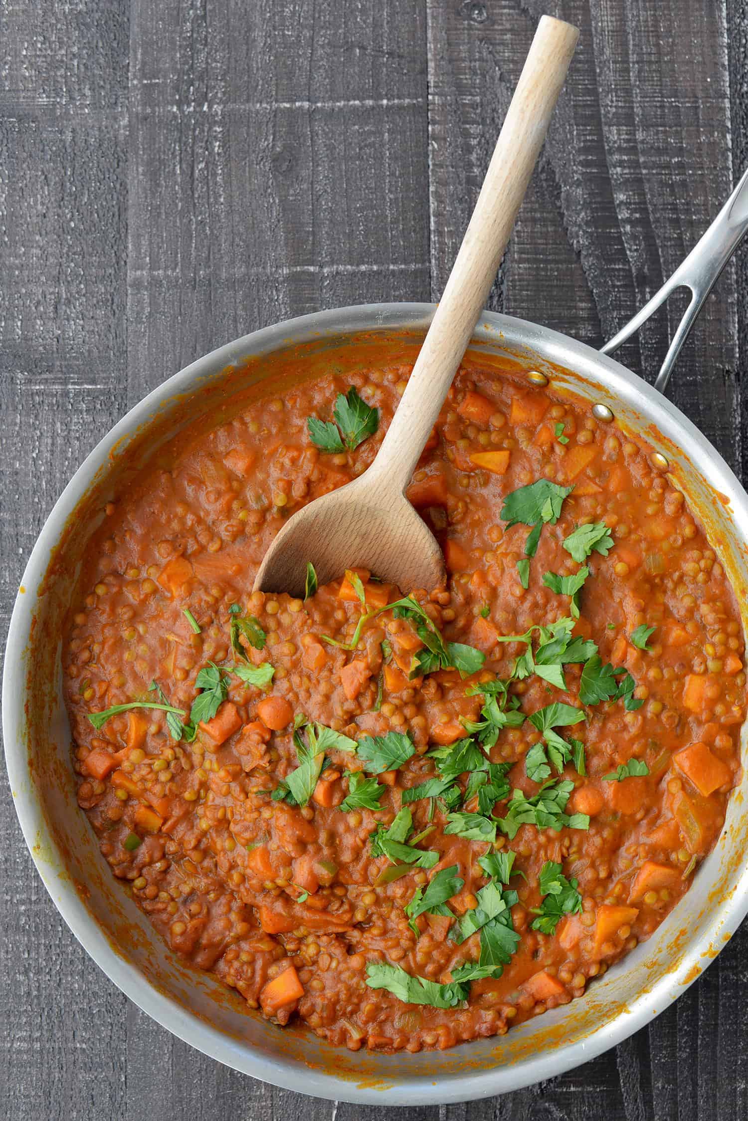 Skillet Of Vegan Coconut Curry Lentils 