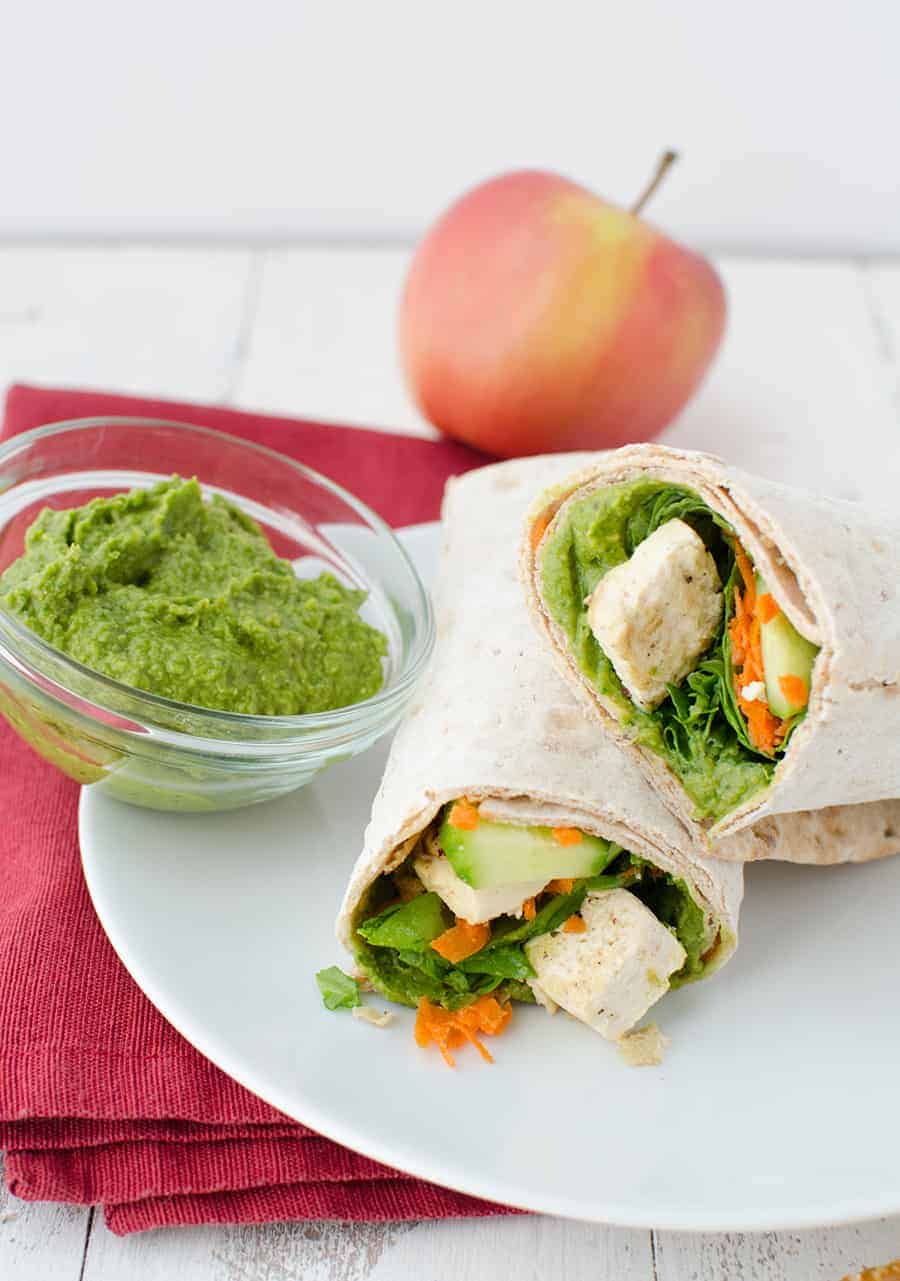 Spinach Hummus! Slightly Spicy Hummus Wrapped Into Whole Wheat Lavish Bread And Topped With Veggies And Lightly Fried Tofu. Healthy And Filling Lunch!