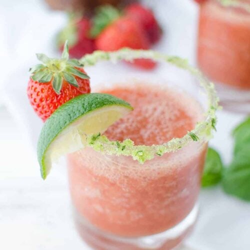 Frozen Strawberry Basil Margaritas 7 A Fresh Twist On A Classic! Frozen Strawberry Basil Margaritas With Basil-Salt Rim. Naturally Sweetened!