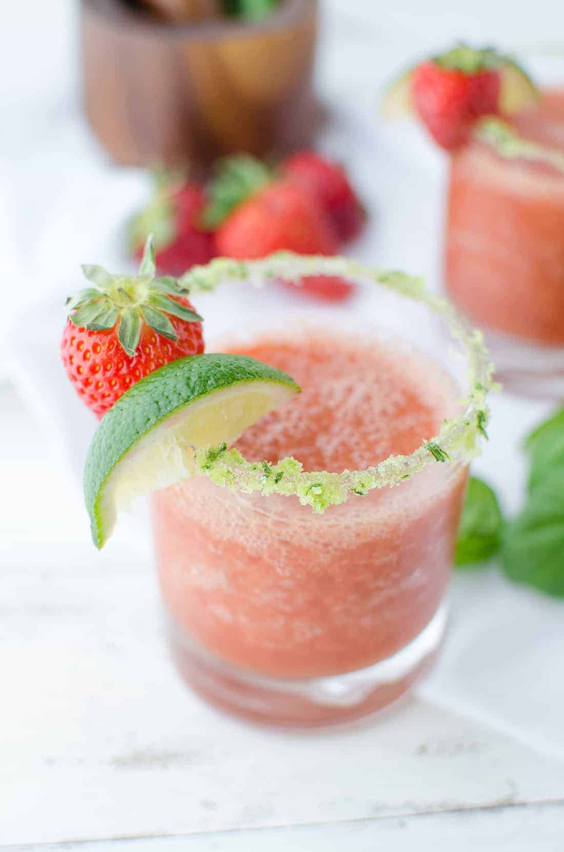 A Fresh Twist On A Classic! Frozen Strawberry Basil Margaritas With Basil-Salt Rim. Naturally Sweetened!