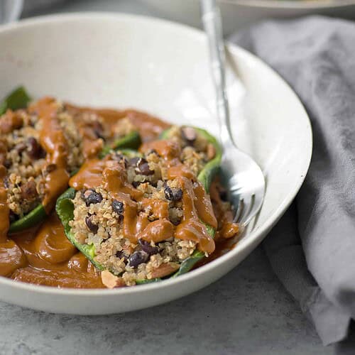 Stuffed Poblanos with Quick Mole Sauce 7 Stuffed Poblanos With Quinoa, Black Beans And A Quick Mole Sauce. We Love This Healthy Vegan And Gluten-Free Dinner. | Www.delishknowledge.com