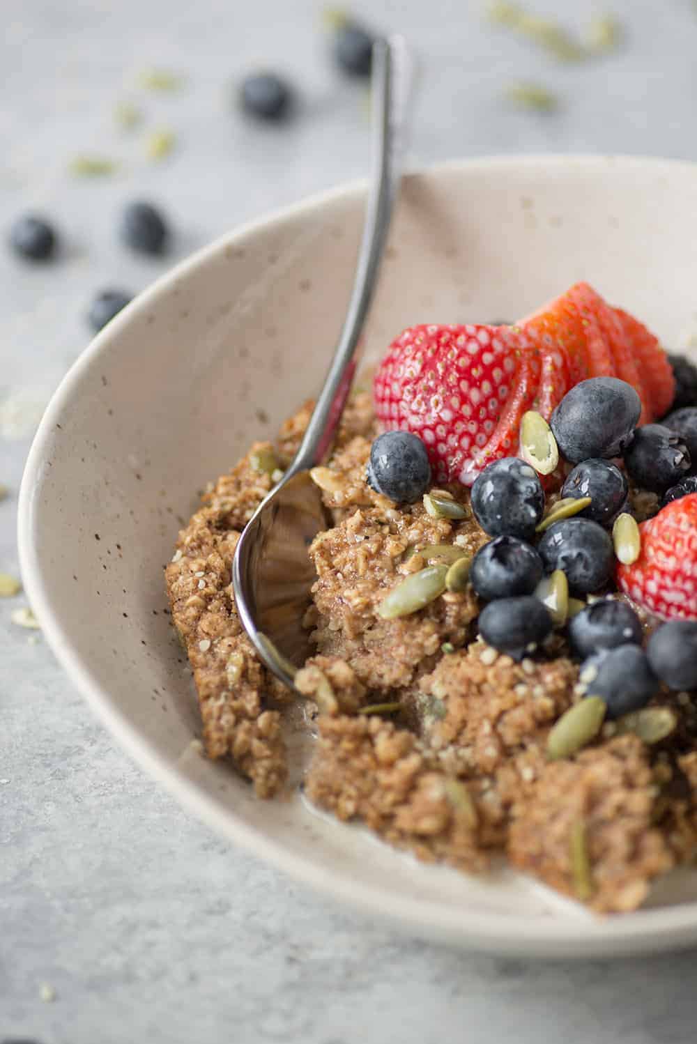vegan baked oatmeal recipe with hemp seeds, pumpkin seeds, flax seeds