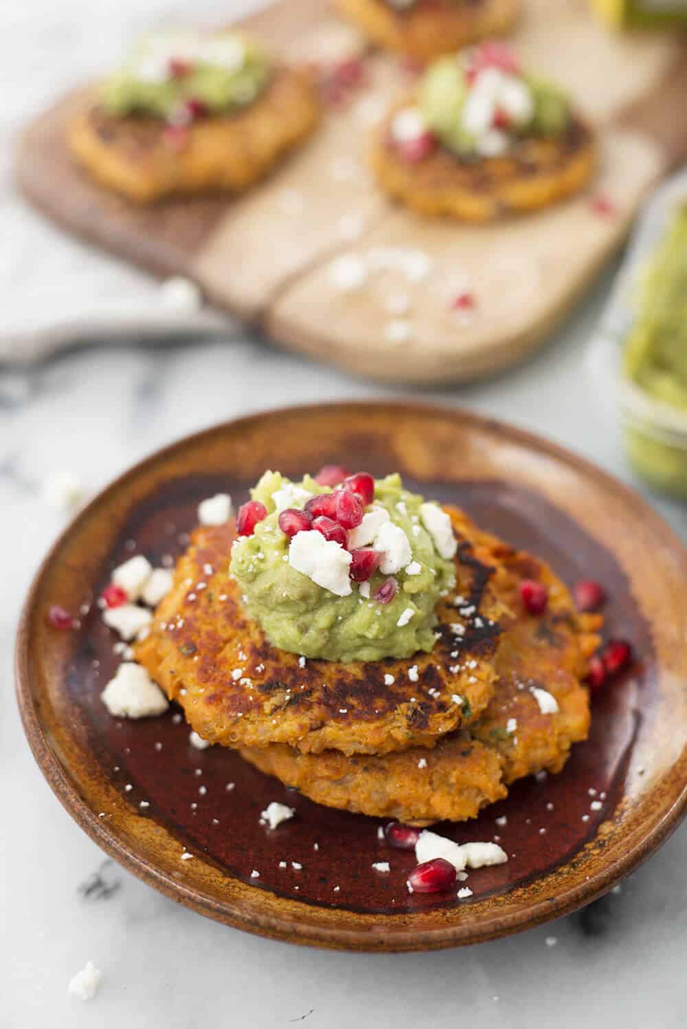 Sweet Potato Quinoa Cakes With Pomegranate Guacamole! A Flavorful Side Dish For The Holidays. Savory Potato Cakes With Guacamole, Feta And Pomegranate. 