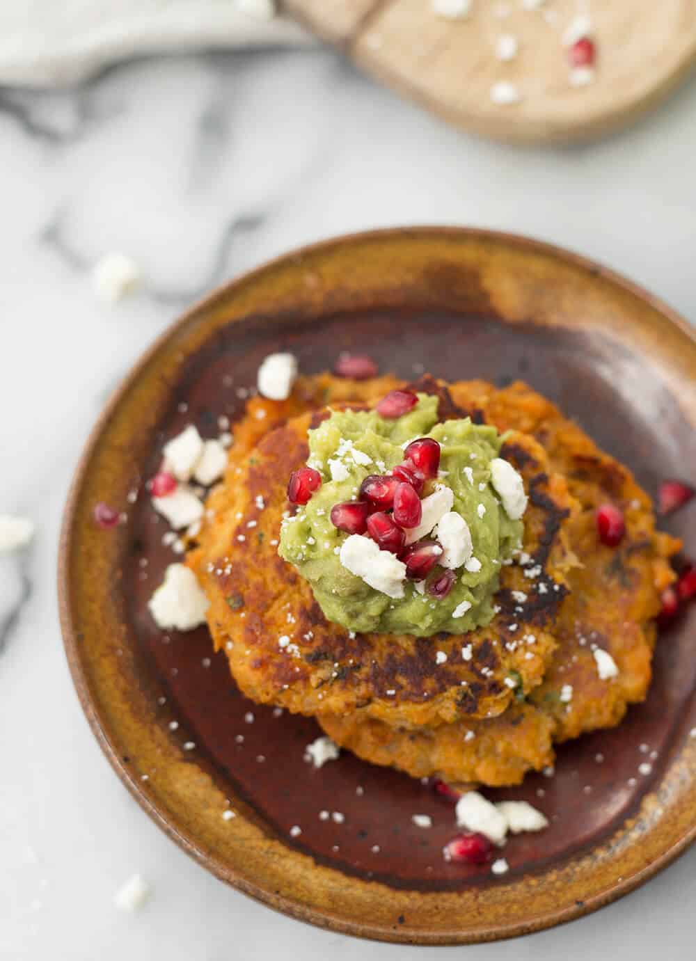 Sweet Potato Quinoa Cakes With Pomegranate Guacamole! A Flavorful Side Dish For The Holidays. Savory Potato Cakes With Guacamole, Feta And Pomegranate. 