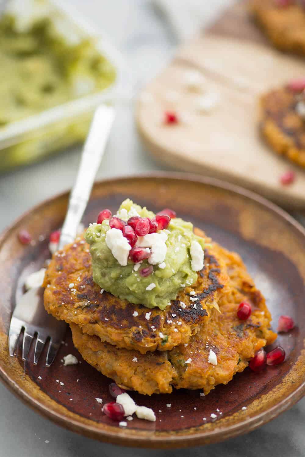 Sweet Potato Quinoa Cakes With Pomegranate Guacamole! A Flavorful Side Dish For The Holidays. Savory Potato Cakes With Guacamole, Feta And Pomegranate. 