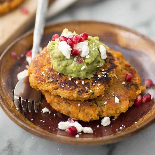 Sweet Potato Quinoa Cakes With Pomegranate Guacamole! A Flavorful Side Dish For The Holidays. Savory Potato Cakes With Guacamole, Feta And Pomegranate.