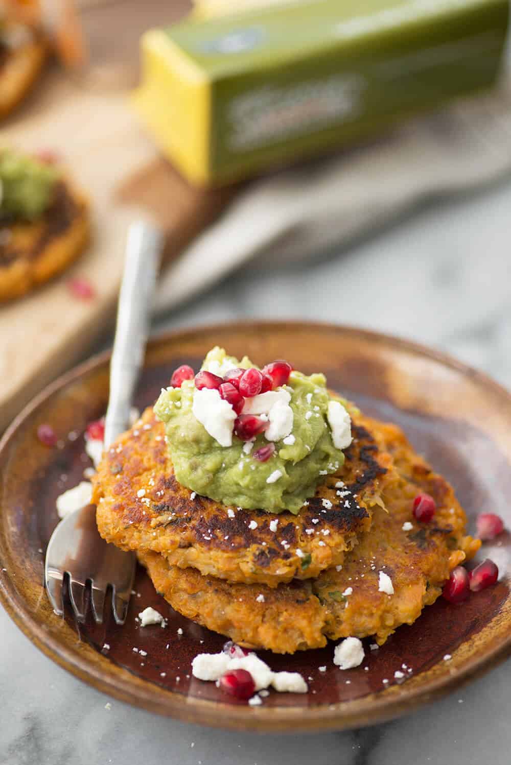 Sweet Potato Quinoa Cakes With Pomegranate Guacamole! A Flavorful Side Dish For The Holidays. Savory Potato Cakes With Guacamole, Feta And Pomegranate. 