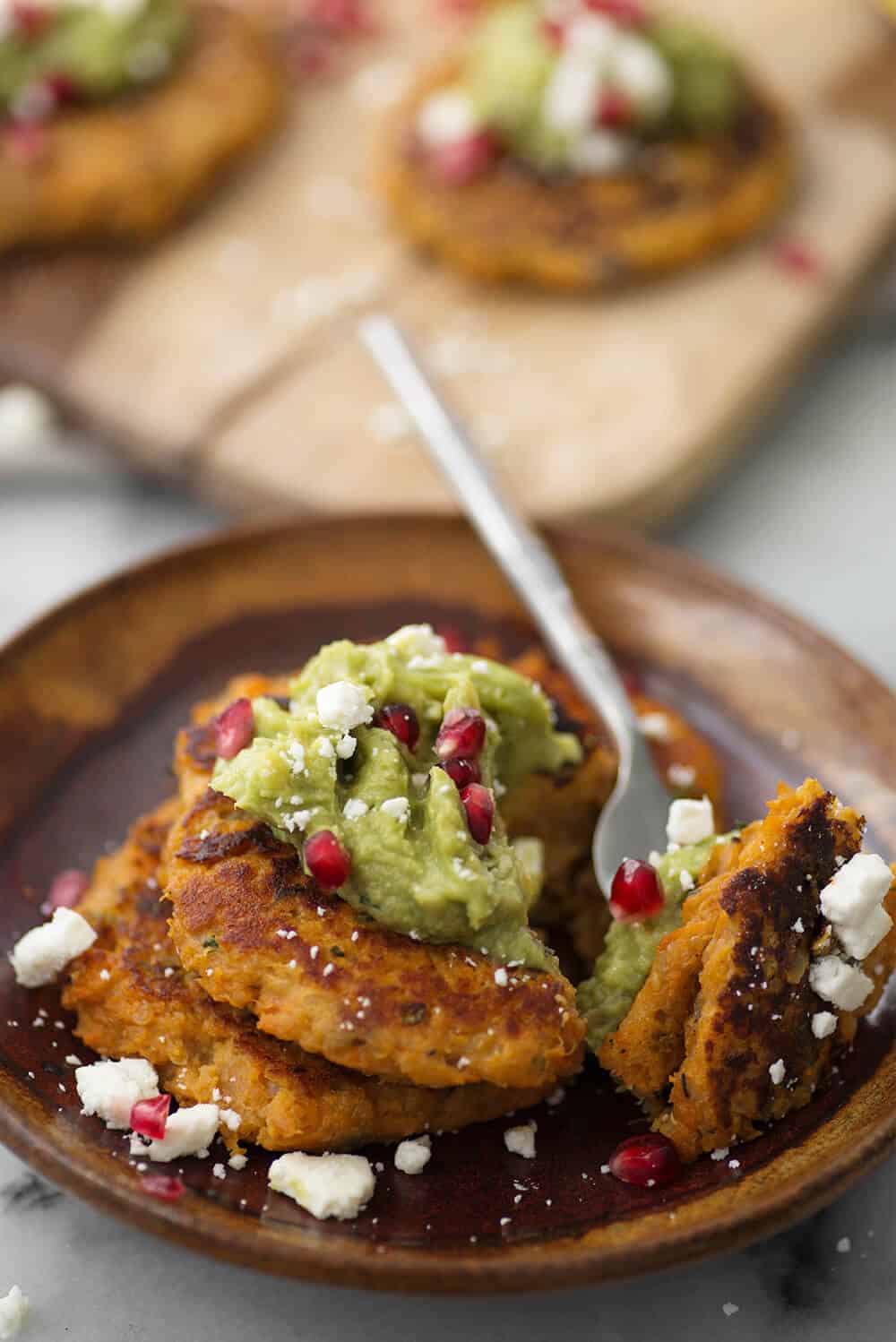 Sweet Potato Quinoa Cakes With Pomegranate Guacamole! A Flavorful Side Dish For The Holidays. Savory Potato Cakes With Guacamole, Feta And Pomegranate. 