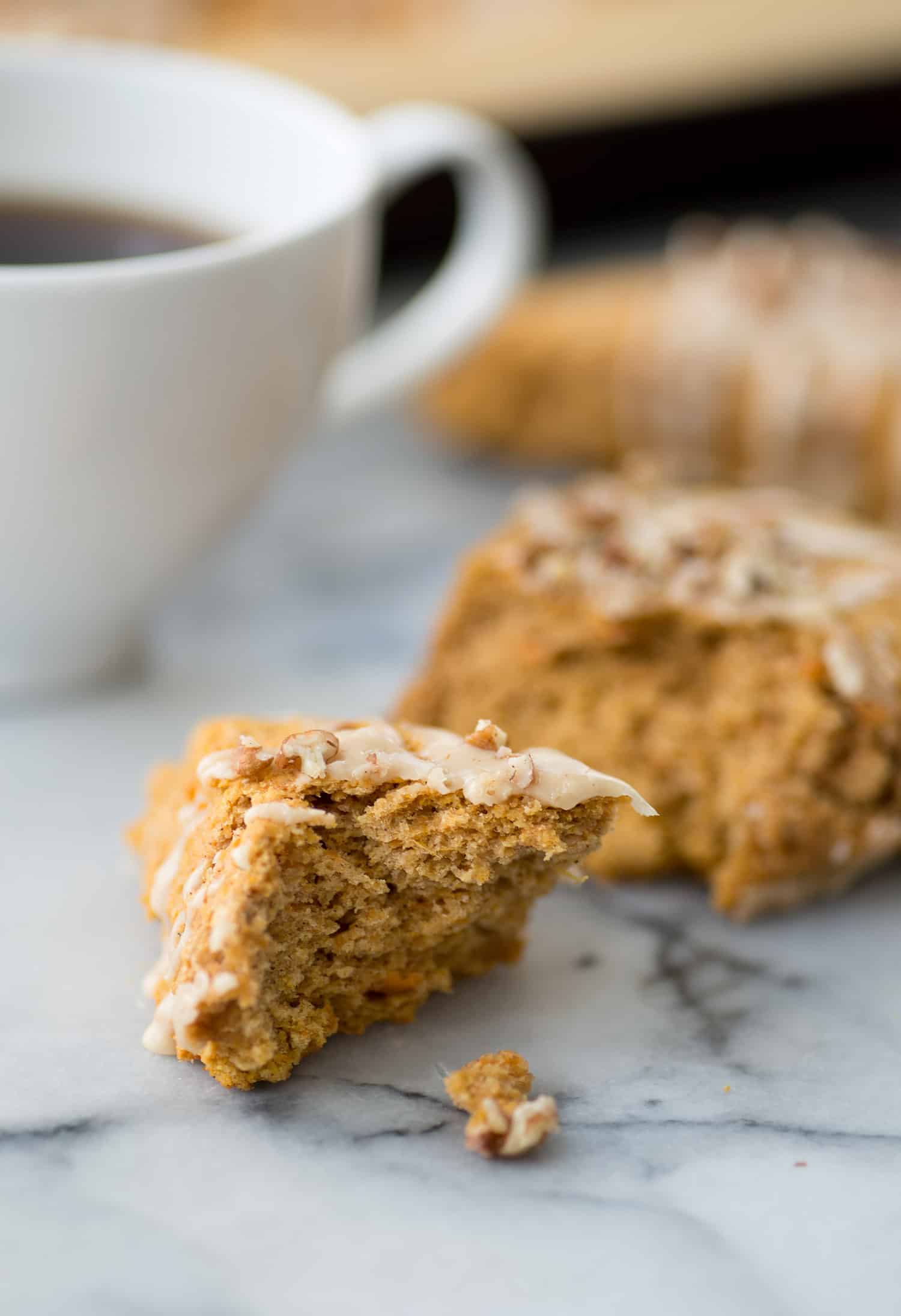 Sweet Potato Pecan Scones With Maple Frosting! You Are Going To Love These Healthy, Vegan Scones! Packed With Sweet Potato Puree, Whole Wheat-Flour And Pecans. Drizzled With Maple Frosting And Covered With More Pecans. | Www.delishknowledge.com 