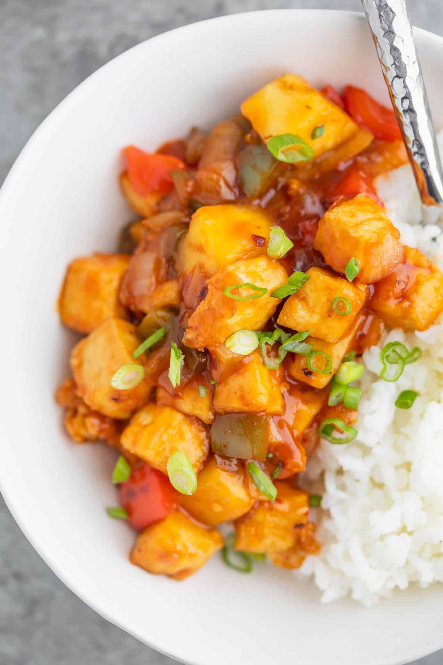 bowl of sweet and sour tofu with rice