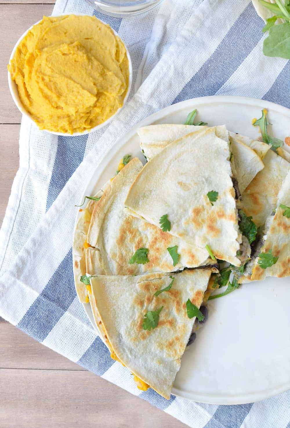 Sweet Potato Hummus Quesadilla! Homemade Sweet Potato Hummus With Black Beans, Arugula, And Pepperjack Cheese. Easy Dinner That'S Ready In 10 Minutes. | Www.delishknowledge.com