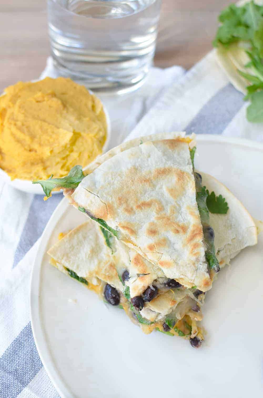 Sweet Potato Hummus Quesadilla! Homemade Sweet Potato Hummus With Black Beans, Arugula, And Pepperjack Cheese. Easy Dinner That'S Ready In 10 Minutes. | Www.delishknowledge.com