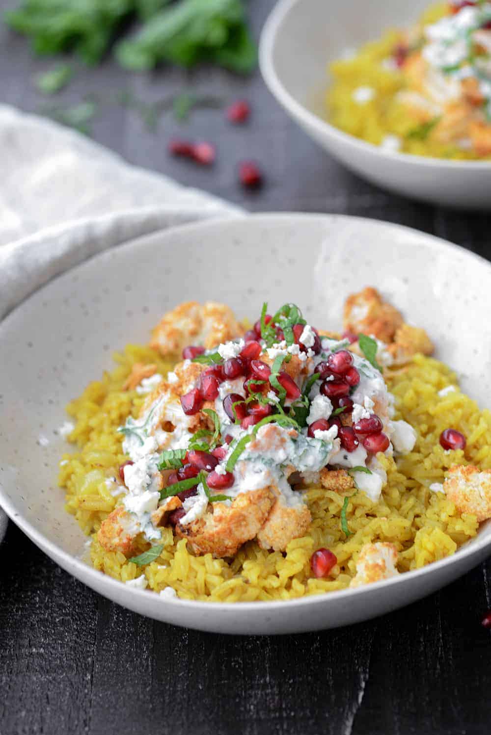 Turmeric Basmati Rice With Tandoori Cauliflower And Feta Yogurt Sauce 