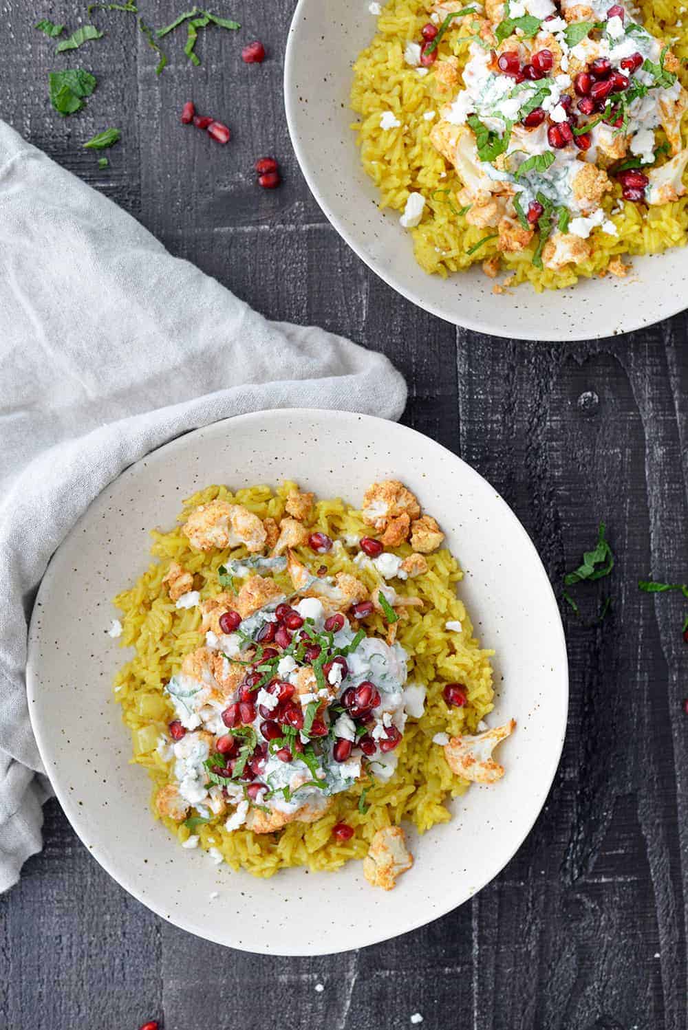 Turmeric Rice With Tandoori Cauliflower And Feta Yogurt Sauce