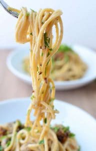 Tempeh Bacon Carbonara! Creamy cauliflower sauce with whole wheat pasta and homemade tempeh bacon! Such a healthy, low-fat recipe that taste like the creamiest pasta you've ever had! Vegan | www.delishknowledge.com