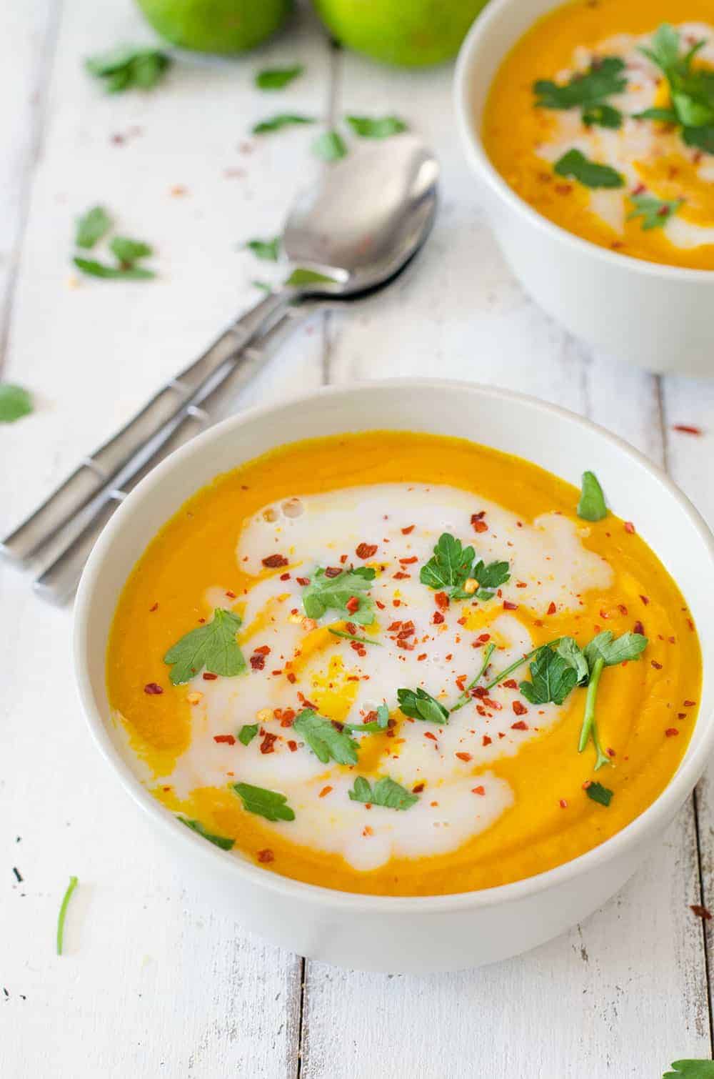 Thai Coconut Carrot Soup 4 Creamy Thai Coconut Carrot Soup! This Savory, Spicy Soup Is Perfect For Spring! Pureed Carrots In A Coconut-Curry Broth. Vegan &Amp; Gluten-Free. | Www.delishknowledge.com