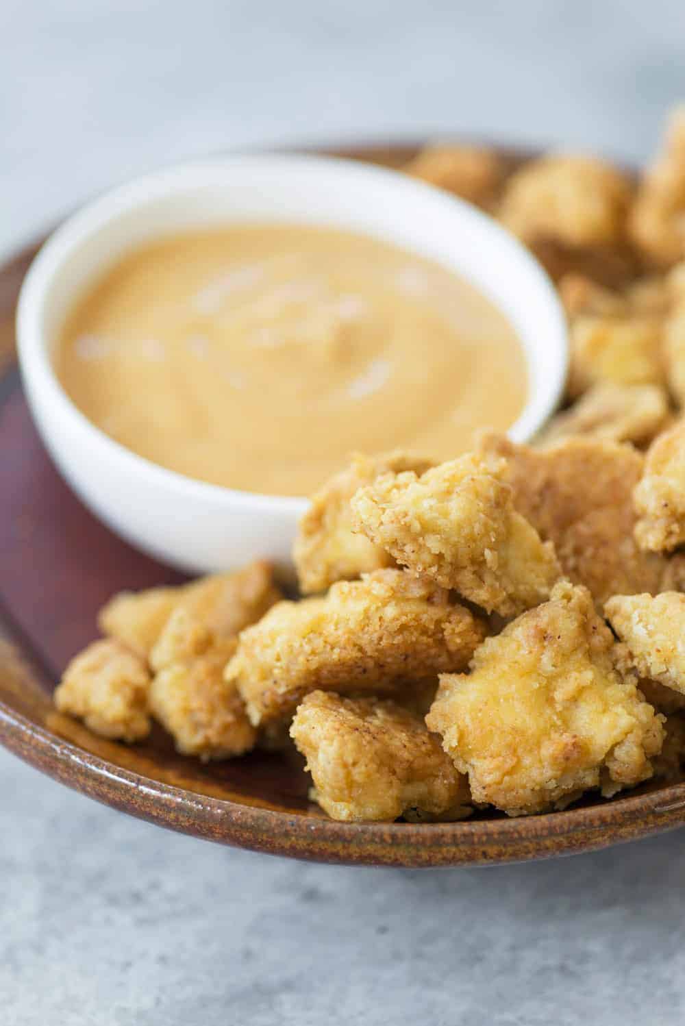 Baked Vegan Tofu Nuggets (with copycat Chick-fil-A sauce) 2 Tofu Nuggets With Honey Mustard Dipping Sauce