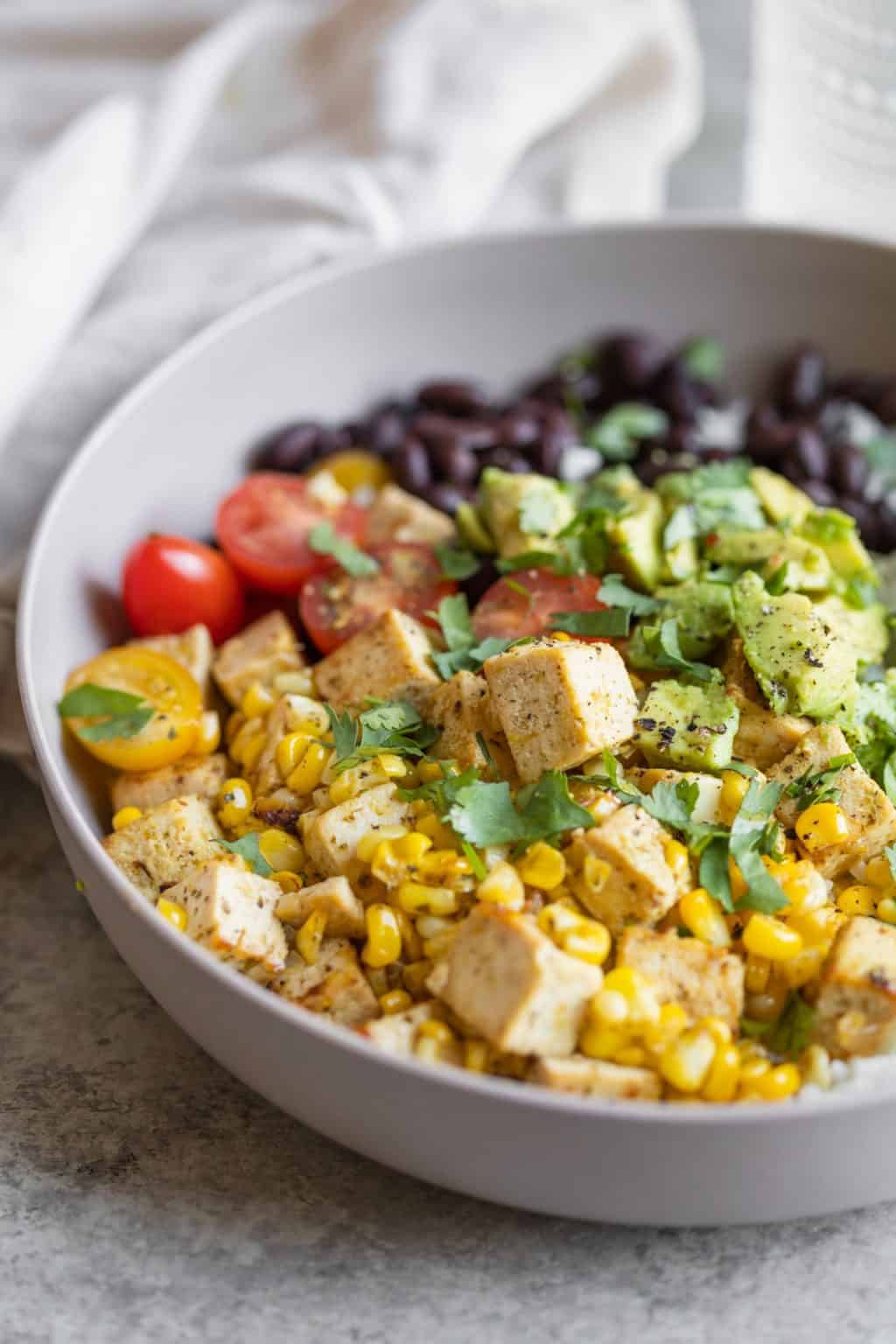 Tofu Rice Bowls with Black Beans and Corn Salad - Delish Knowledge