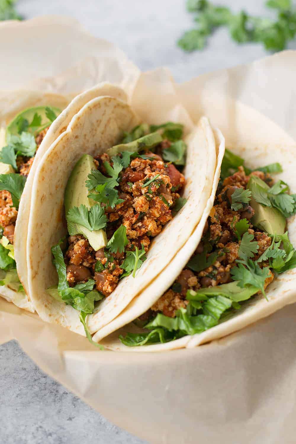 Vegan Copycat Chipotle Tofu Sofritas Tacos On Wax Paper