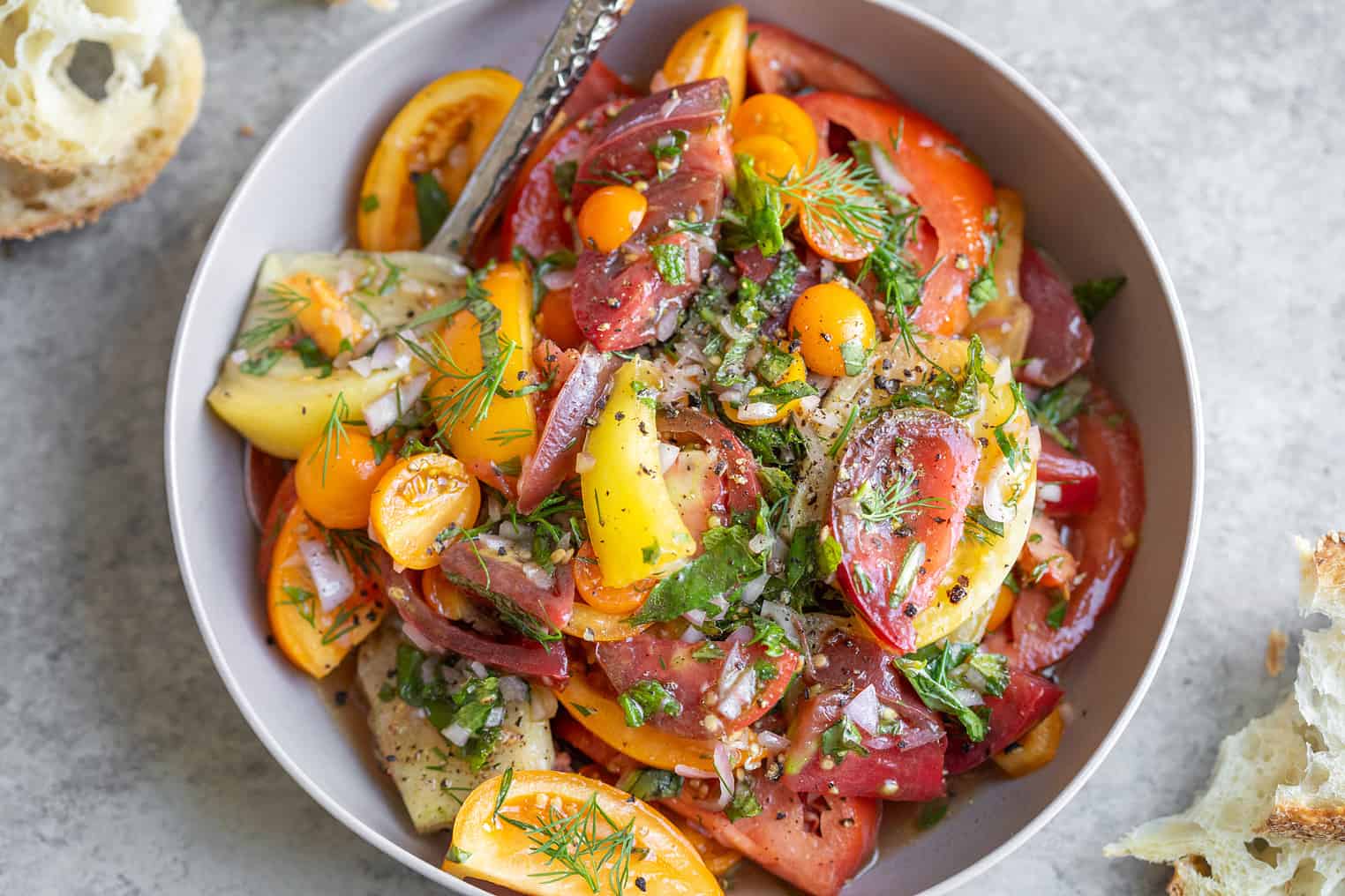 Tomato Salad In A Bowl With Bread