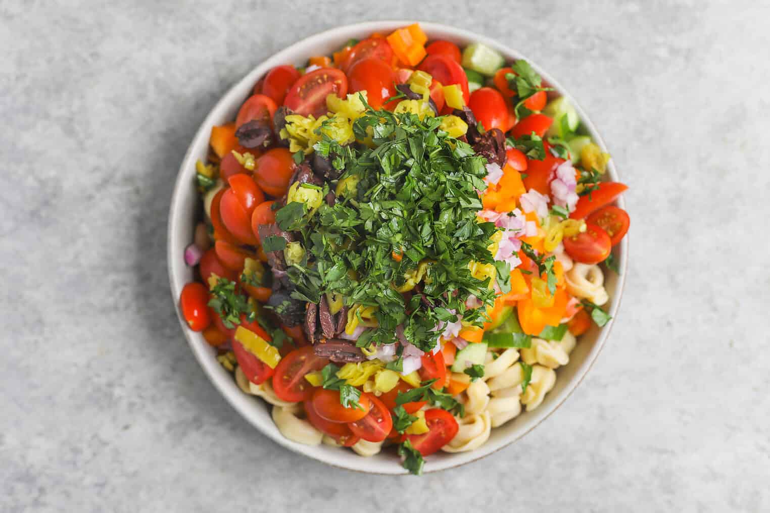 Tortellini Pasta Salad 6 A Bowl Of Tortellini Pasta Salad Topped With Halved Cherry Tomatoes, Chopped Bell Peppers, Sliced Olives, Diced Red Onion, Pepperoncini, And Fresh Chopped Herbs On A Light Gray Surface.