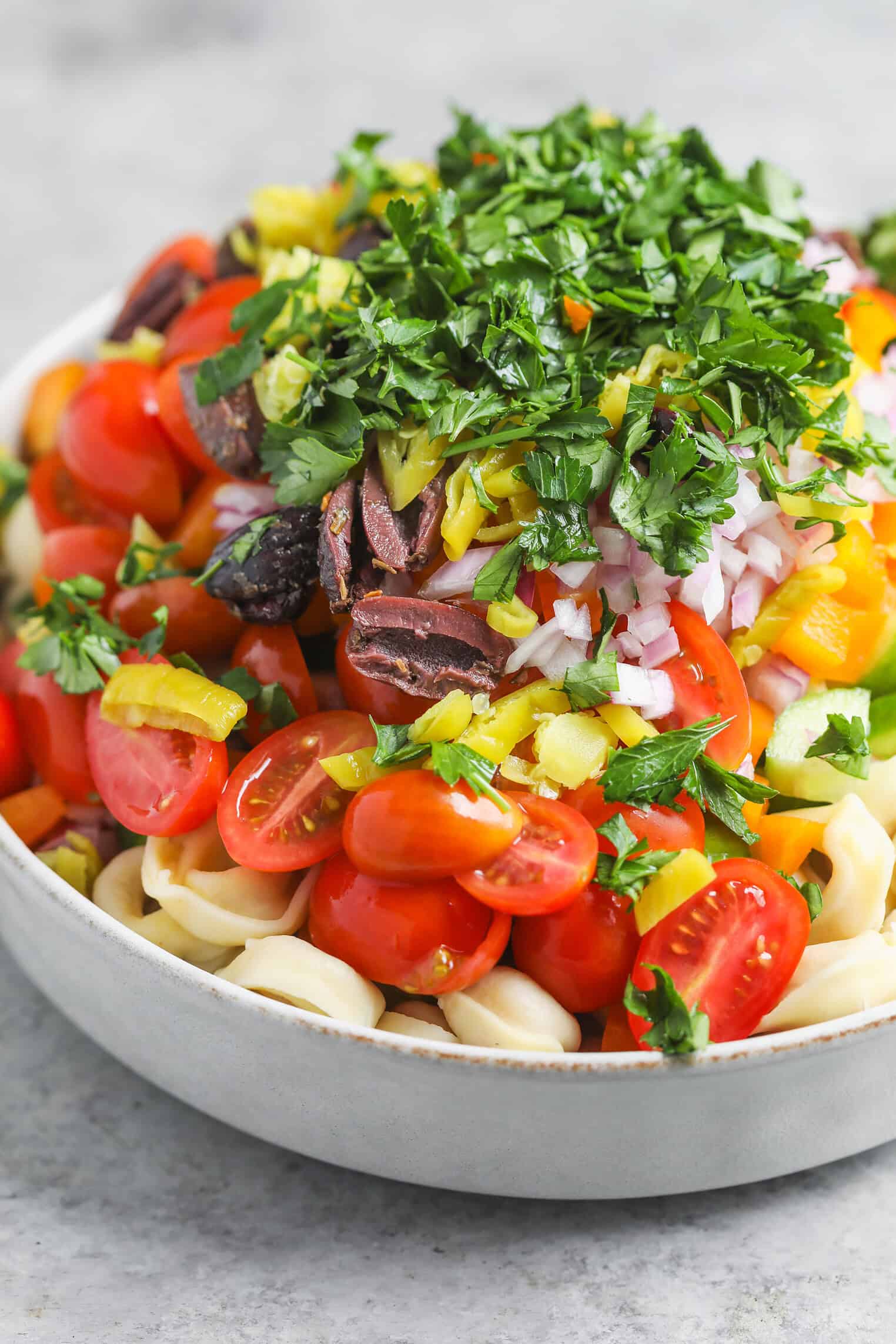 Tortellini Pasta Salad 3 A Bowl Of Tortellini Pasta Salad Topped With Halved Cherry Tomatoes, Chopped Red Onions, Black Olives, Yellow Peppers, And Fresh Parsley.