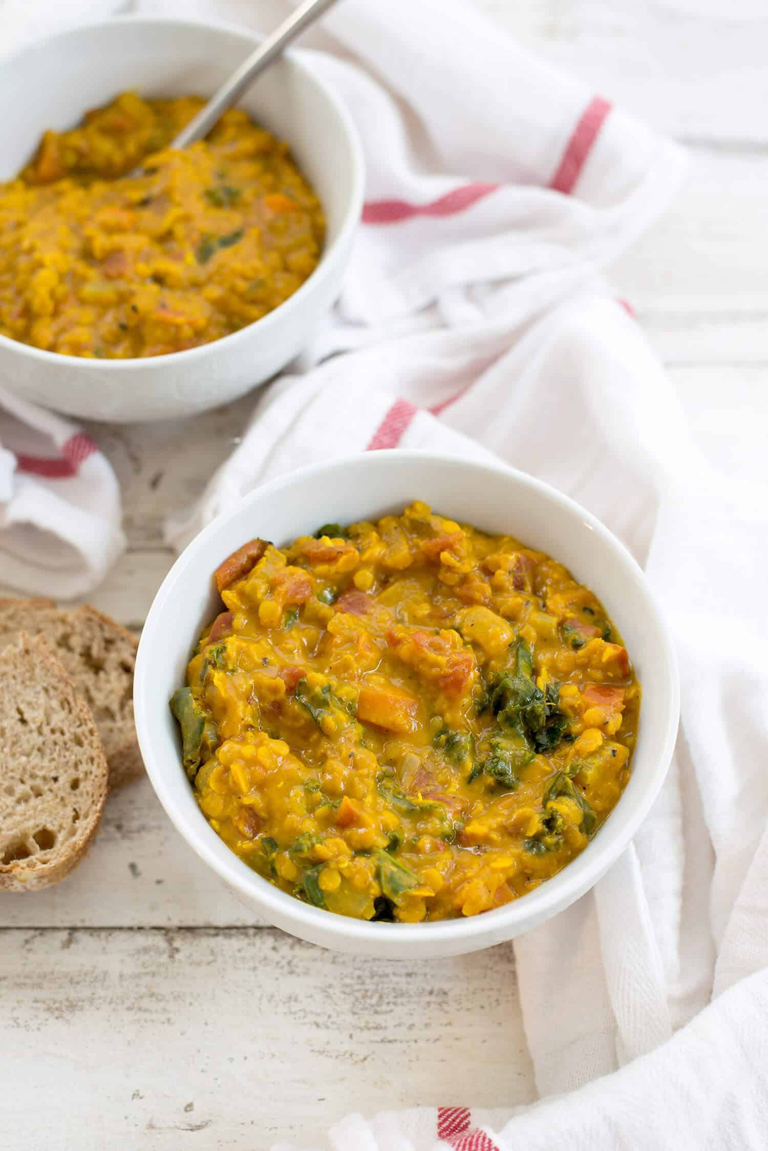 Turmeric Red Lentil Soup! Creamy, Thick Lentil Stew With Turmeric, Vegetables And Kale. Vegan And Gluten-Free. | Www.delishknowledge.com