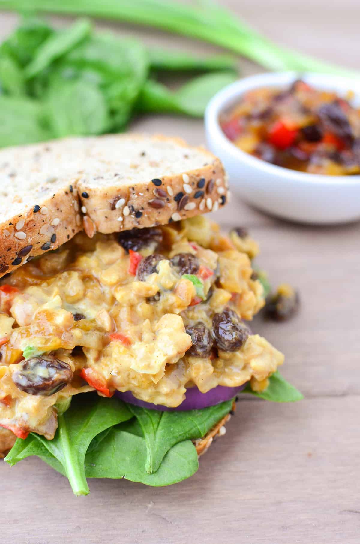 The Ultimate Chickpea Salad Deli Sandwich! Chickpea Salad, Homemade Peach Chutney, Curry Mayo. Vegan And Easily Gluten-Free | Www.delishknowledge.com