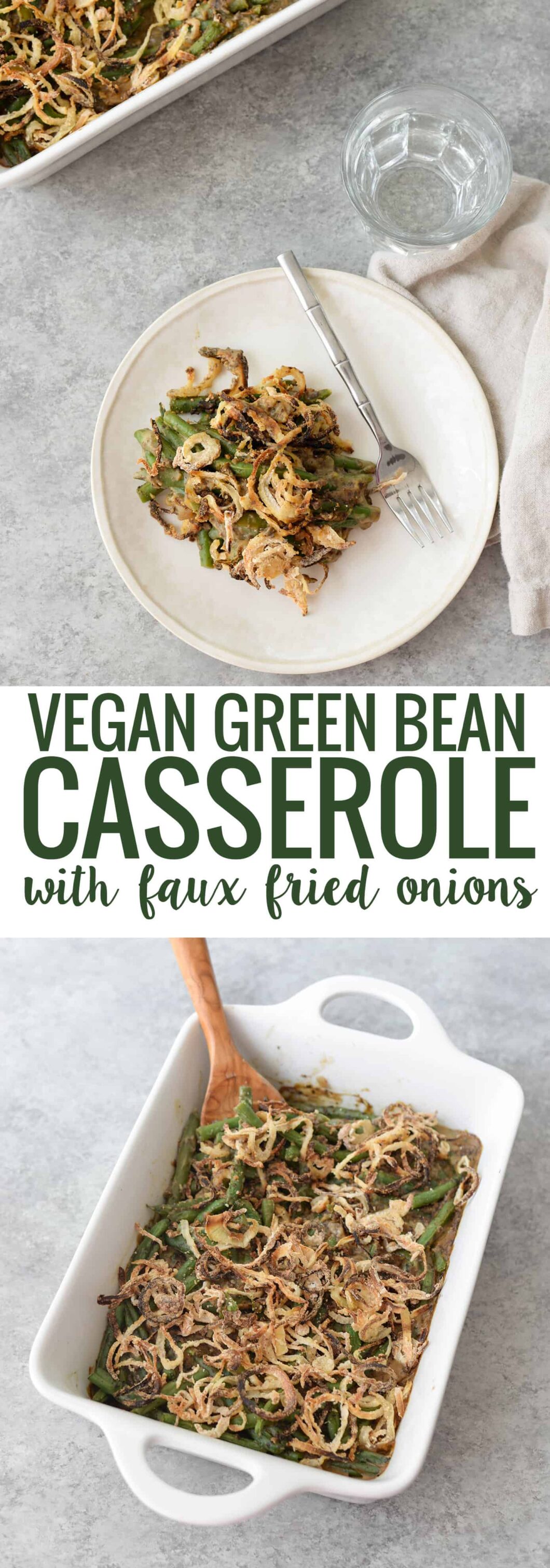 Vegan Fresh Green Bean Casserole! This is the PERFECT Thanksgiving side dish! Fresh green beans in a homemade mushroom sauce with faux-fried onions. | www.delishknowledge