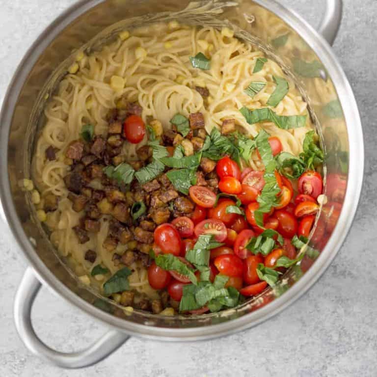Vegan Corn Carbonara with Tempeh Bacon Delish Knowledge