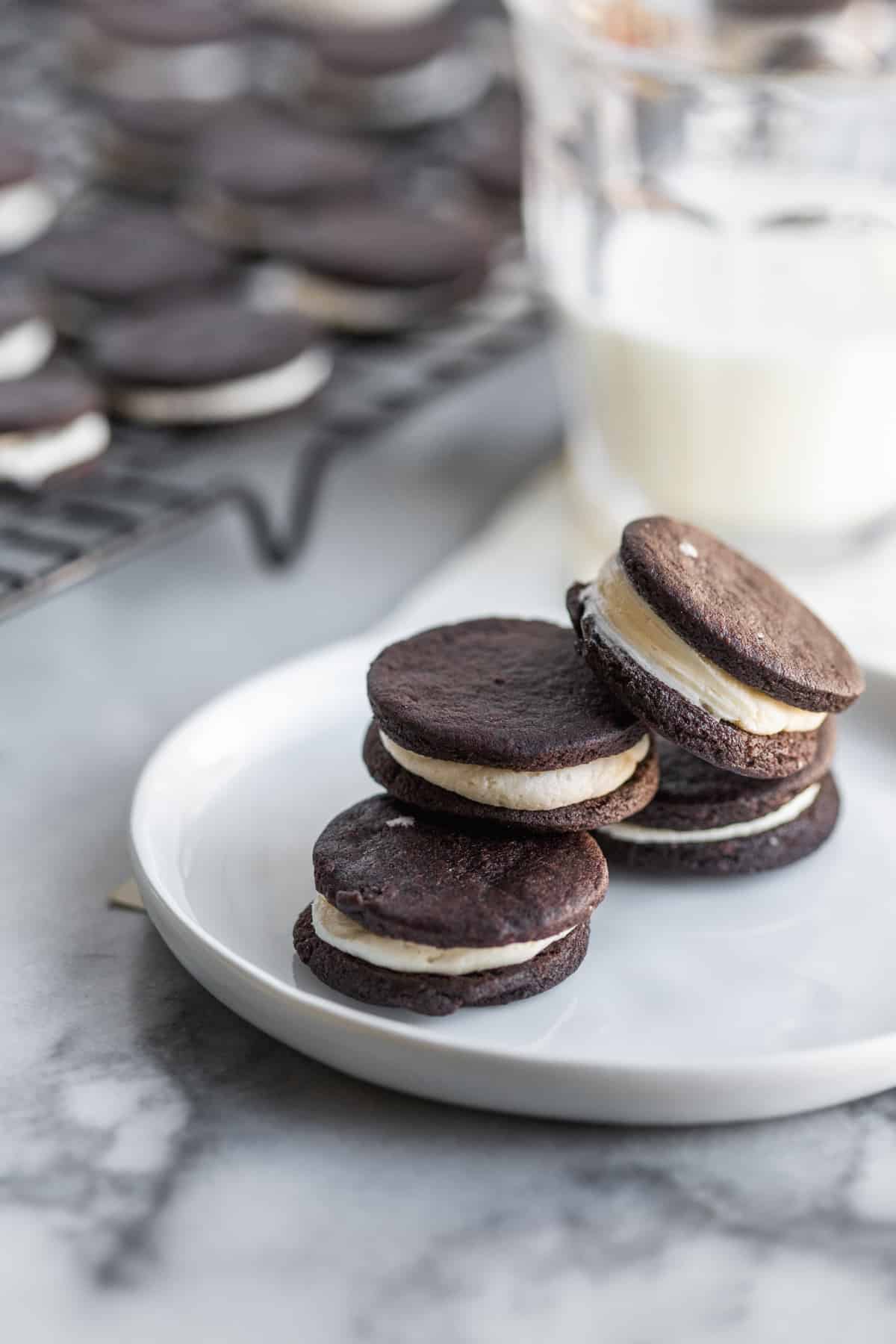 Vegan Oreo Cookies Stacked On A Plate 