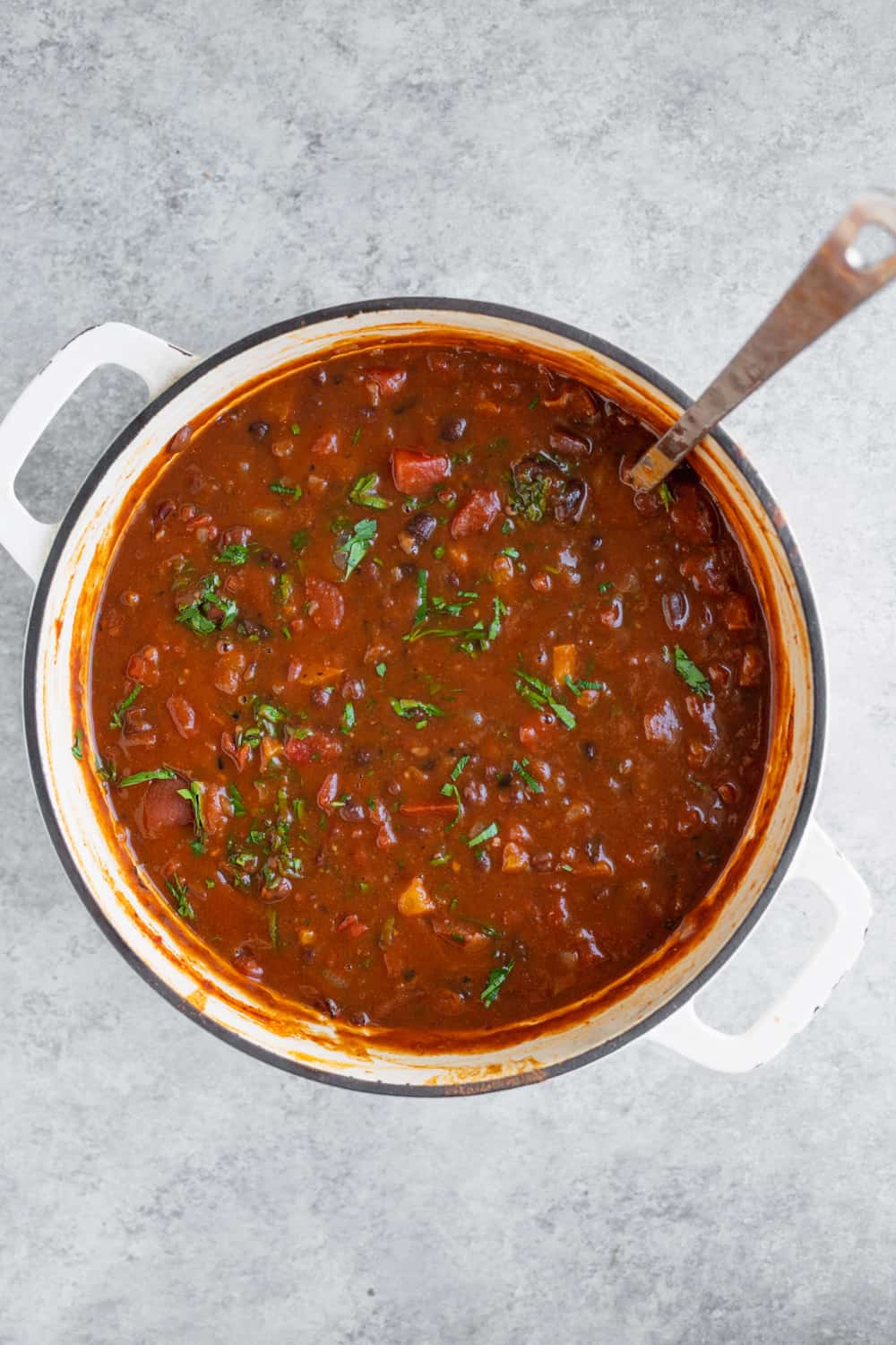 Pot Of Vegan Pumpkin Chili With Laddle