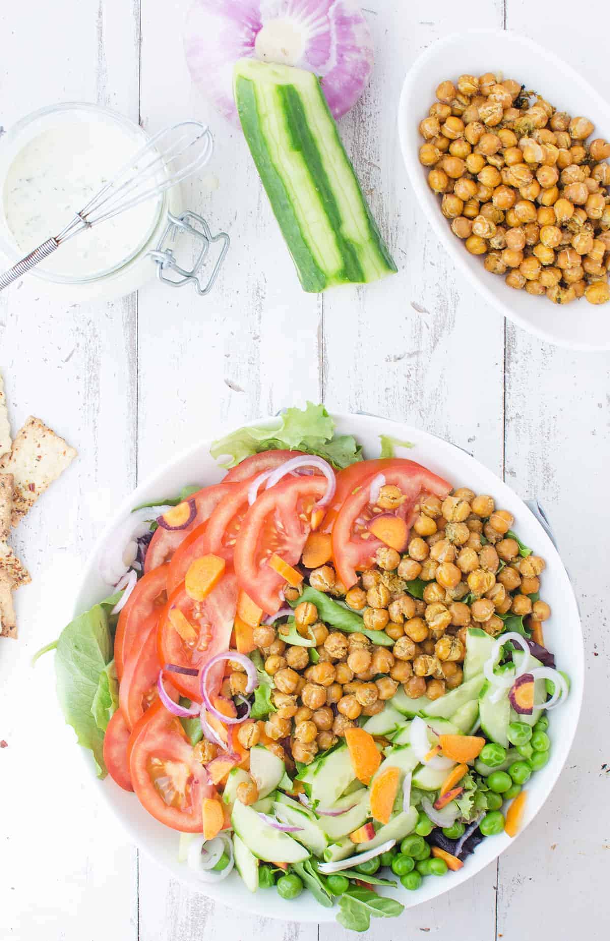 Vegan And Gluten Free Ranch Bowls! These Salads Bowls Are Packed With Vegetables And Ranch Roasted Chickpeas! 250 Calories, 11G Fiber, 12G Protein. | Www.delishknowledge.com