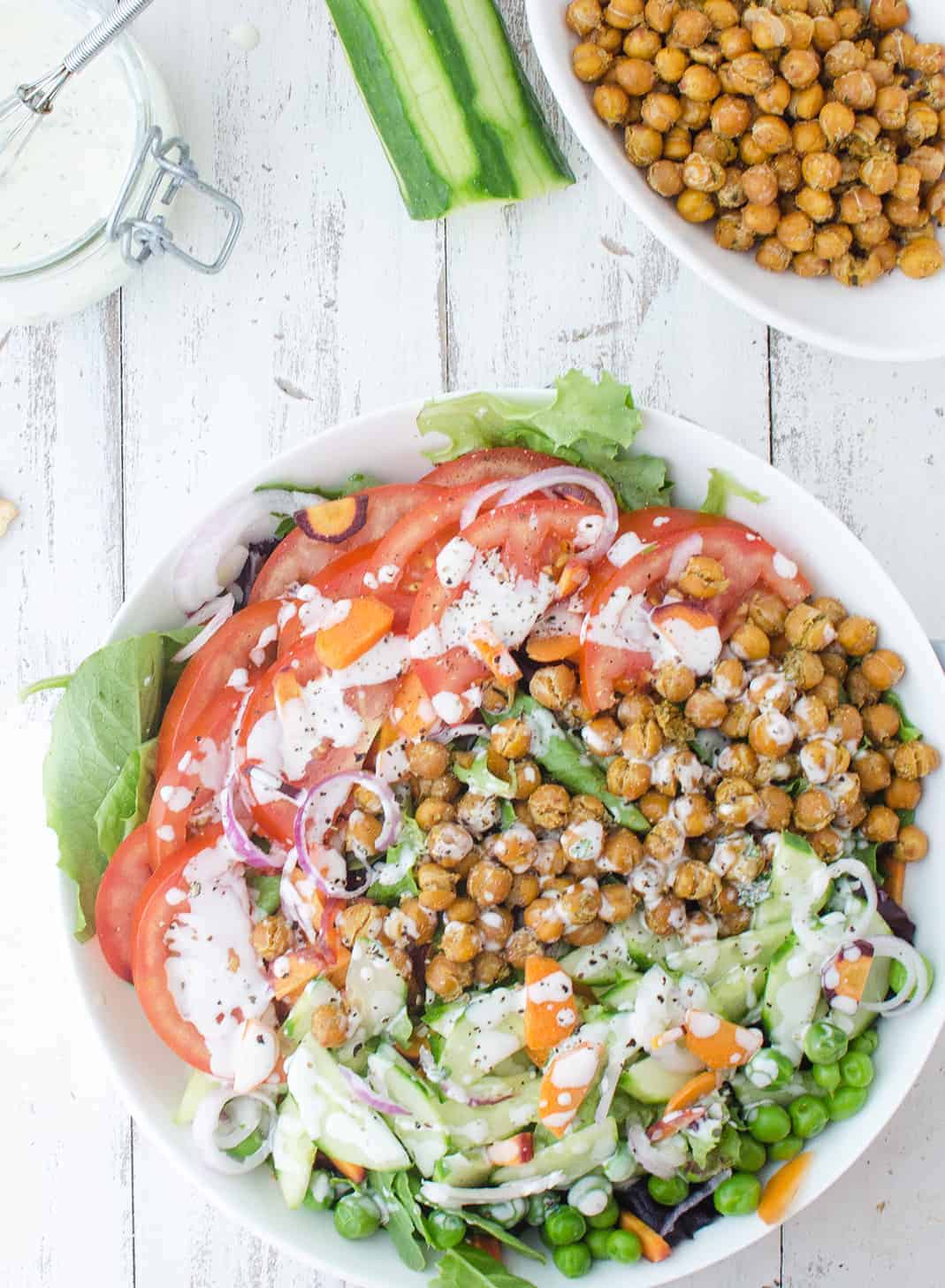 Vegan and Gluten Free Ranch Bowls! These salads bowls are packed with vegetables and ranch roasted chickpeas! 250 calories, 11g fiber, 12g protein. | www.delishknowledge.com
