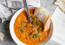 Bowl of Lentil vegan Soup with Bread