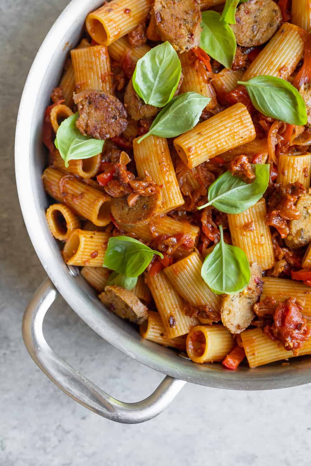 Vegan Rigatoni With Sausage And Peppers In A Pan