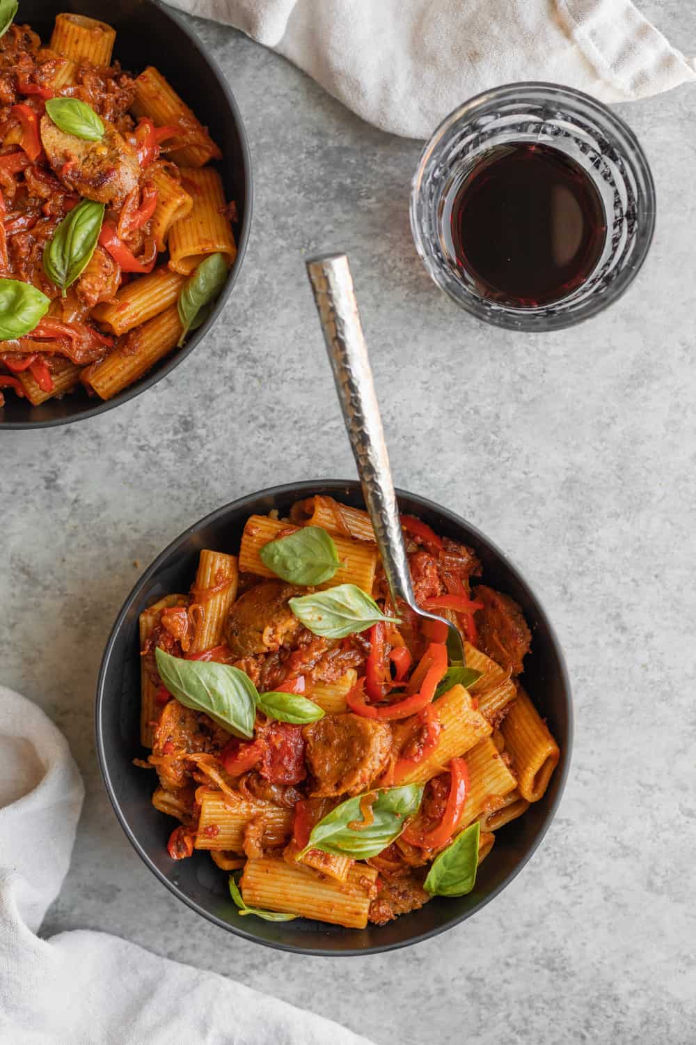 Vegan Rigatoni With Sausage And Peppers In A Bowl 